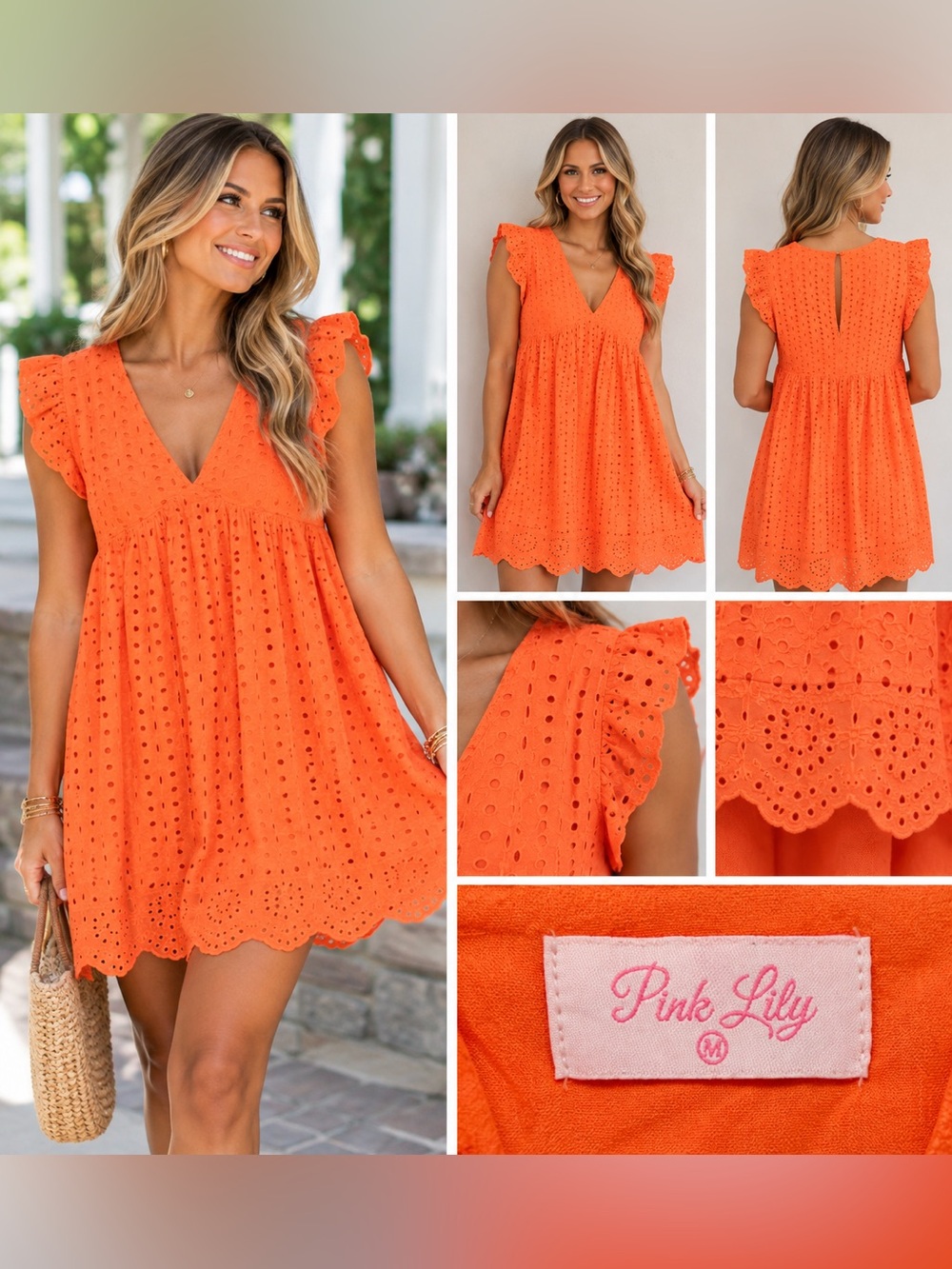🧡 Pink Lily Orange Eyelet Ruffle Babydoll Mini Dress – Medium